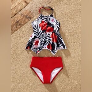 Patpat Girl 2pcs Halter neck Tropical Floral Swimsuit Black and Red Size 3-4Y